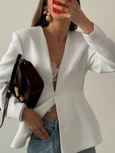 Aurohaya Women's Blazer Solid Color V-Neck Long Sleeve Elegant Vintage Casual Evening Office Jacket